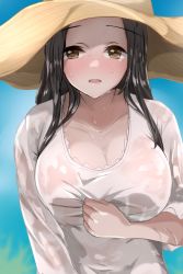 Rule 34 | 1girl, :o, black hair, blush, breasts, brown eyes, cleavage, collarbone, dress, hat, holding, holding clothes, holding dress, idolmaster, idolmaster cinderella girls, kizzmy lance, large breasts, long hair, looking at viewer, see-through, sena shiori (idolmaster), solo, straight hair, straw hat, sweatdrop, upper body, wet, wet clothes, wet dress, white dress