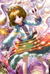 Rule 34 | 1girl, bad id, bad pixiv id, barefoot, blouse, brown eyes, brown hair, calligraphy brush (medium), facing viewer, gibagiba, graphite (medium), grin, hairband, light trail, looking away, multicolored background, musical note, parted lips, shirt, short hair, skirt, smile, solo, touhou, tourniquet505, traditional media, tsukumo yatsuhashi