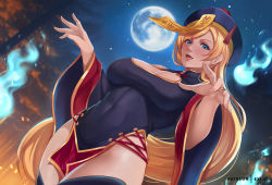 Rule 34 | 1futa, :d, blonde hair, blue eyes, breasts, bulge, cleavage, commentary, covered navel, cowboy shot, dutch angle, english commentary, erection, erection under clothes, exlic, fingernails, full moon, futanari, guilty gear, halloween, jiangshi, large breasts, long hair, looking at viewer, millia rage, moon, night, ofuda, open mouth, outdoors, sky, smile, solo, star (sky), starry sky, thighhighs, very long hair, wide sleeves, will-o&#039;-the-wisp (mythology)
