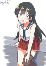Rule 34 | 1girl, absurdres, agano (kancolle), anchor ornament, black hair, black necktie, black sailor collar, black thighhighs, feet out of frame, garter straps, green eyes, highres, kantai collection, long hair, necktie, one-hour drawing challenge, pleated skirt, red skirt, robinson (day l full), sailor collar, school uniform, serafuku, shirt, simple background, single garter strap, single thighhigh, skirt, sleeveless, sleeveless shirt, smile, thighhighs, twitter username, white background, white shirt