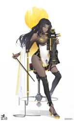 1girl absurdres android bare_shoulders black_hair bow_(music) breasts collarbone dark-skinned_female dark_skin groin high_heels highres holding holding_bow_(music) holding_instrument huang_(pixiv3580877) instrument long_hair medium_breasts original pelvic_curtain tagme thighs very_dark_skin yellow_eyes