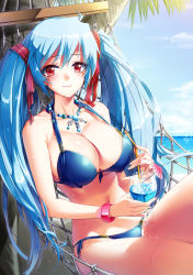 Rule 34 | 1girl, bad id, bad pixiv id, beach, bikini, blue bikini, blue hair, bracelet, breasts, cleavage, collarbone, day, drink, drinking straw, groin, gyullmat, hair ribbon, halterneck, hammock, highres, jewelry, large breasts, long hair, looking at viewer, luthica preventer, navel, necklace, ocean, red eyes, ribbon, shiny clothes, side-tie bikini bottom, smile, solo, strap gap, sweat, swimsuit, sword girls, twintails