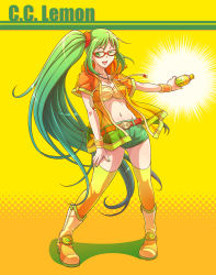Rule 34 | 1girl, ;d, belt, bottle, c.c. lemon, c.c. lemon (character), character name, copyright name, e20, glasses, green eyes, green hair, holding, long hair, matching hair/eyes, one eye closed, open mouth, short shorts, shorts, side ponytail, smile, solo, thighhighs, wink, yellow thighhighs