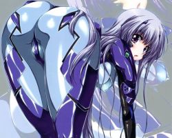 Rule 34 | 1girl, :o, ass, bent over, blush, bodysuit, breasts, covered erect nipples, fortified suit, hanging breasts, impossible clothes, inia sestina, light purple hair, long hair, looking back, medium breasts, muv-luv, muv-luv alternative, muv-luv total eclipse, purple eyes, purple hair, solo, very long hair, zoom layer