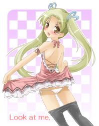 Rule 34 | 1girl, blush, checkered background, chicago-x, clothes pull, english text, fang, long hair, looking at viewer, looking back, lowleg, lowleg panties, open mouth, original, panties, pantyhose, pantyhose pull, smile, solo, twintails, underwear, very long hair, white panties