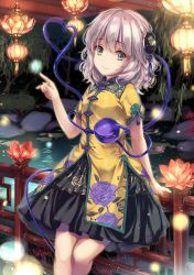 Rule 34 | 1girl, adapted costume, black skirt, blouse, braid, breasts, commentary request, feet out of frame, floral print, green eyes, hair ornament, hand up, heart, heart of string, highres, komeiji koishi, lantern, light particles, lily pad, looking at viewer, monety, no headwear, pink lips, railing, shirt, short hair, short sleeves, silver hair, skirt, small breasts, smile, solo, standing, thighs, third eye, touhou, tree, water, yellow shirt