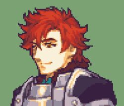 Rule 34 | 1boy, armor, breastplate, commentary, fire emblem, fire emblem: three houses, glaceo, green background, lowres, male focus, nintendo, orange hair, pauldrons, pixel art, short hair, shoulder armor, simple background, solo, sylvain jose gautier, upper body