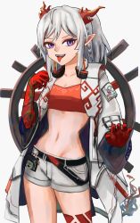 Rule 34 | 1girl, :d, arknights, bandeau, belt, black belt, coat, cowboy shot, cytrek 04, grey background, highres, horns, long hair, long sleeves, looking at viewer, midriff, navel, nian (arknights), open clothes, open coat, open mouth, pointy ears, purple eyes, short shorts, shorts, simple background, smile, solo, standing, stomach, strapless, thighs, tongue, tongue out, tube top, white coat, white hair, white shorts