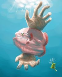 Rule 34 | air bubble, alomomola, bubble, cosmo (465lilia), crazy hand, creatures (company), creepy, game freak, gen 1 pokemon, gen 5 pokemon, horror (theme), master hand, monster, nintendo, no humans, palms, pikachu, pokemon, pokemon (creature), size difference, sunlight, super smash bros., underwater, water, what