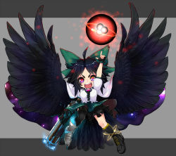Rule 34 | &gt;:d, 1girl, :d, ahoge, arm at side, arm cannon, arm up, armor, armored boots, asymmetrical clothes, atom, bird tail, bird wings, black gloves, black hair, black thighhighs, black wings, boots, bow, breasts, cape, chibi, electricity, energy, eyebrows, fang, feathered wings, feathers, fingerless gloves, frilled shirt, frilled shirt collar, frilled skirt, frills, full body, gloves, grey background, haiiro gundan, hair bow, highres, letterboxed, long hair, looking at viewer, open mouth, pointing, pointing finger, pointing up, puffy short sleeves, puffy sleeves, red eyes, reiuji utsuho, shirt, shoes, short sleeves, single boot, single glove, single shoe, single sock, single thighhigh, skirt, slit pupils, smile, socks, solo, tail, thighhighs, third eye, touhou, underskirt, universe, v-shaped eyebrows, weapon, white shirt, wings