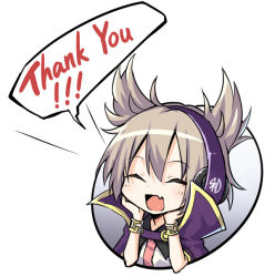 Rule 34 | 1girl, ^ ^, blouse, bracelet, cape, chibi, closed eyes, commentary, commission, earmuffs, english commentary, engrish commentary, fang, gold trim, hands on own cheeks, hands on own face, happy, head rest, jewelry, koissa, open mouth, pixiv commission, pointy hair, shirt, silver hair, simple background, skin fang, smile, solo, thank you, touhou, toyosatomimi no miko, white background, white shirt