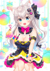 Rule 34 | 1girl, :d, ahoge, animal ear fluff, animal ears, bare shoulders, black bow, black dress, blue eyes, blush, bow, breasts, cat ears, cat girl, cat tail, cleavage, commentary request, crazy straw, dress, drinking straw, fang, grey hair, gyozanuko, hair between eyes, hair bow, hair ornament, head tilt, heart straw, highres, holding, long hair, medium breasts, open mouth, original, purple bow, smile, solo, tail, tail bow, tail ornament, tail raised, v, very long hair, white background