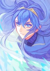 Rule 34 | 1girl, armor, blue eyes, blue hair, cape, fire emblem, fire emblem awakening, fire emblem heroes, gloves, hair ornament, highres, japanese clothes, jewelry, kokouno oyazi, long hair, looking at viewer, lucina (fire emblem), nintendo, simple background, solo, tiara, white background, wind