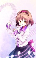 Rule 34 | 1girl, :o, beamed eighth notes, black skirt, blue background, blurry, blush, bow, brown hair, cowboy shot, depth of field, eighth note, gradient background, hairband, highres, holding, long sleeves, looking at viewer, musical note, nekomarieru, orange eyes, purple bow, quarter note, shirt, short hair, skirt, sleeves past wrists, solo, staff (music), standing, touhou, tsukumo yatsuhashi, white background, white shirt