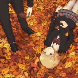Rule 34 | 1boy, 1girl, autumn leaves, black footwear, black jacket, black pants, blonde hair, checkered clothes, checkered skirt, closed mouth, commentary request, forest, grey thighhighs, head out of frame, jacket, leaf, long sleeves, looking at another, looking up, lying, maple leaf, nature, neck ribbon, on back, original, pants, pleated skirt, red eyes, red ribbon, ribbon, school uniform, shirt, shoes, short hair, skirt, smile, thighhighs, white shirt, yajirushi (chanoma)