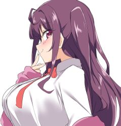 Rule 34 | 1girl, ahoge, bebebe (pepegakii), breasts, fingers to mouth, hase rinon, highres, huge breasts, jacket, looking to the side, pink jacket, purple eyes, purple hair, ribbon, shirt, smile, solo, tama project, two side up, virtual youtuber, white shirt