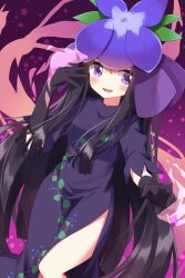 Rule 34 | 1girl, :d, black dress, black gloves, black hair, china dress, chinese clothes, commentary request, dress, flower, gloves, grape print, hair flower, hair ornament, highres, long hair, looking at viewer, open mouth, purple background, purple eyes, purple flower, ruu (tksymkw), sidelocks, smile, solo, touhou, yomotsu hisami