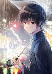 Rule 34 | 1boy, black jacket, blurry, blurry background, brown hair, commentary request, expressionless, from side, gakuran, green eyes, hand up, highres, holding, holding umbrella, jacket, koyoka, looking at viewer, male focus, original, rain, school uniform, short hair, solo, transparent, transparent umbrella, umbrella