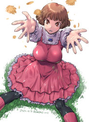 Rule 34 | 1girl, amania orz, breasts, brown eyes, brown hair, covered navel, dated, dress, feet out of frame, frilled dress, frills, grass, gundam, highres, large breasts, long sleeves, pantyhose, parted lips, pink dress, shadow, short hair, sochie heim, solo, turn a gundam, twitter username