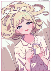 Rule 34 | 1girl, bed sheet, blonde hair, brown hairband, brown ribbon, cherry print, collarbone, collared shirt, commentary request, cup, dated, dress shirt, food print, hair ribbon, hairband, hands up, highres, holding, holding cup, indoors, long hair, long sleeves, looking at viewer, mug, neki (wakiko), original, pajamas, print pajamas, print shirt, purple eyes, ribbon, shirt, solo, steam, tongue, tongue out, twitter username, upper body, very long hair, white pajamas, white shirt