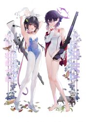 Rule 34 | 2girls, alternate costume, animal collar, animal ear hairband, animal ears, armpits, arms up, bare legs, barefoot, black hair, blue archive, blue leotard, blush, breasts, cat, collar, competition swimsuit, covered navel, english text, fake animal ears, fake tail, full body, gun, gun on back, halo, haruka (blue archive), highres, holding, holding gun, holding weapon, jacket, jacket partially removed, leaf, leaf on head, leotard, looking at viewer, miyu (blue archive), multiple girls, one-piece swimsuit, pantyhose, playboy bunny, purple eyes, rabbit ear hairband, rabbit ears, rabbit tail, shoes, small breasts, sneakers, standing, strapless, strapless leotard, suzu (tonami0726), swimsuit, tail, toes, track jacket, weapon, weapon on back, white pantyhose