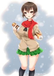 Rule 34 | 1girl, absurdres, bad id, bad pixiv id, black neckerchief, black socks, brown eyes, brown hair, brown sweater, caesar (girls und panzer), can, cardigan, drink can, girls und panzer, highres, holding, holding can, kneehighs, long sleeves, looking at viewer, miniskirt, neckerchief, ooarai school uniform, open mouth, pleated skirt, red scarf, religious offering, ryochapu, scarf, school uniform, short hair, skirt, smile, socks, soda can, solo, standing, sweater, twitter username