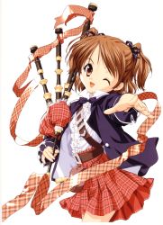 Rule 34 | 1girl, bagpipes, blouse, blue bow, blue bowtie, bow, bowtie, center frills, cowboy shot, fangs, foreshortening, frilled shirt, frills, from side, hair ribbon, head tilt, highres, holding, instrument, jpeg artifacts, long sleeves, looking at viewer, miniskirt, official art, one eye closed, open mouth, outstretched arm, plaid, plaid skirt, popped collar, reaching, reaching towards viewer, ribbon, shirt, short hair, sim, simple background, sister princess, skirt, solo, standing, tenhiro naoto, two side up, white background, white shirt, yotsuba (sister princess)
