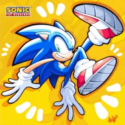 Rule 34 | 1boy, animal ears, blue fur, full body, gloves, green eyes, hedgehog, highres, male focus, notnicknot, quill, shoes, smile, sneakers, solo, sonic (series), sonic the hedgehog, tail, white gloves, yellow background