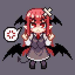 Rule 34 | 1girl, anger vein, angry, black vest, black wings, clenched hands, collared shirt, crossed bandaids, demon tail, frown, grey background, head wings, koakuma, looking at viewer, necktie, pantyhose, pixel art, pointy ears, red eyes, red hair, red necktie, shirt, shoes, simple background, solo, spoken anger vein, standing, tail, tears, touhou, vest, wings, youmo de chihuo