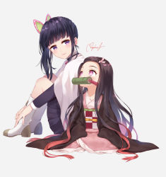 Rule 34 | 2girls, age regression, aged down, bad id, bad pixiv id, bamboo, bit gag, black hair, black skirt, boots, brown hair, butterfly hair ornament, child, cloak, full body, gag, gradient hair, hair ornament, hair ribbon, hand on ankle, haori, japanese clothes, kamado nezuko, kimetsu no yaiba, kimono, knees up, long hair, long sleeves, looking at another, looking to the side, looking up, mouth hold, multicolored hair, multiple girls, obi, pink eyes, pink kimono, pink ribbon, purple eyes, ribbon, rupinesu, sash, seiza, side ponytail, sidelocks, signature, simple background, sitting, skirt, sleeves past fingers, sleeves past wrists, smile, tsuyuri kanao, two-tone hair, very long hair, white cloak