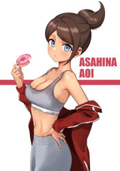 Rule 34 | 1girl, asahina aoi, bare shoulders, blue eyes, blush, breasts, brown hair, calvin klein, character name, cleavage, closed mouth, collarbone, cowboy shot, danganronpa: trigger happy havoc, danganronpa (series), deadnooodles, doughnut, food, grey pants, hand on own hip, highres, holding, jacket, large breasts, long sleeves, looking at viewer, medium breasts, midriff, navel, off-shoulder jacket, off shoulder, open clothes, pants, ponytail, red jacket, short hair, solo, sports bra, stomach, sweat, swept bangs