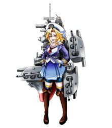 Rule 34 | 10s, 16-inch/50-caliber mark 7 gun, 1girl, 5-inch/38-caliber mark 12 gun, artillery, bike shorts, blonde hair, boots, breasts, cannon, gloves, hands on own hips, hat, highres, iowa-class battleship, kantai collection, large breasts, machinery, mecha musume, naval artillery, naval gun, open mouth, original, personification, simple background, skirt, solo, thigh boots, thighhighs, tk8d32, turret, uniform, uss iowa (bb-61), uss missouri (bb-63), white background, yellow eyes
