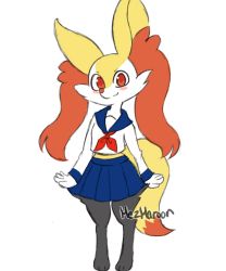 Rule 34 | 1girl, animal ear fluff, animal ears, animal hands, artist name, barefoot, blue sailor collar, blue skirt, blush, blush stickers, braixen, closed mouth, clothed pokemon, creatures (company), female focus, flat chest, fox ears, fox tail, full body, furry, furry female, game freak, gen 6 pokemon, happy, highres, jpeg artifacts, long sleeves, looking at viewer, mezmaroon, midriff, miniskirt, neckerchief, nintendo, pleated skirt, pokemon, pokemon (creature), red eyes, red neckerchief, sailor collar, school uniform, serafuku, shirt, signature, simple background, skirt, smile, solo, standing, tail, white background, white shirt