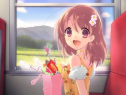 Rule 34 | 1girl, :d, bare shoulders, brown hair, candy, choker, field, flyable heart, food, game cg, hair ornament, hairclip, highres, inaba yui, indoors, ito noizi, lollipop, looking back, nature, open mouth, red eyes, scenery, short hair, smile, solo, sweets, train, wallpaper, window