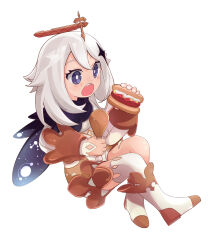 Rule 34 | 1girl, absurdres, black scarf, blue eyes, boots, chicken (food), commentary, dress, english commentary, food, full body, genshin impact, halo, highres, holding, holding food, hot dog, maqinpu, mechanical halo, paimon (genshin impact), scarf, solo, thighhighs, white dress, white hair
