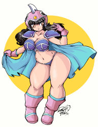 Rule 34 | 1girl, absurdres, armor, bikini armor, black hair, blue cape, blunt bangs, boots, breastplate, breasts, brown eyes, cape, chi-chi (dragon ball), cleavage, collarbone, dragon ball, dragoontequila, full body, gloves, helmet, highres, large breasts, long hair, navel, parted lips, pink footwear, pink gloves, shiny skin, shoulder armor, solo, standing, thick thighs, thighs, white background, wide hips, yellow background