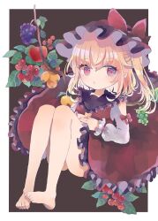 Rule 34 | 1girl, apple, barefoot, bat wings, blonde hair, cherry, flandre scarlet, food, frilled shirt collar, frilled sleeves, frills, fruit, full body, grapes, hat, hat ribbon, hiyuu (hiyualice), mob cap, multicolored wings, one side up, puffy short sleeves, puffy sleeves, red eyes, red skirt, ribbon, short hair, short sleeves, side ponytail, skirt, skirt set, solo, touhou, white hat, wings