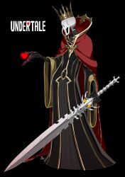 Rule 34 | 1boy, absurdres, alternate costume, black background, black robe, black skin, bone, bone weapon, cel shading, cloak, collared cloak, colored skin, commentary request, copyright name, crown, from side, full body, glowing, grin, heart, high collar, highres, holding, holding sword, holding weapon, kamezaemon, male focus, papyrus (undertale), profile, red cloak, robe, scratches, simple background, skeleton, smile, solid oval eyes, solo, standing, sword, turtleneck, undertale, weapon, wide sleeves
