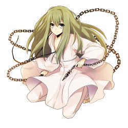 Rule 34 | 1girl, bad id, bad pixiv id, chain, enkidu (fate), enkidu (weapon) (fate), fate/strange fake, fate (series), female focus, full body, green hair, grey eyes, kneeling, male focus, name connection, robe, simple background, solo, ty 1865, white background