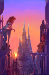 Rule 34 | 1boy, 1girl, balcony, brown hair, building, head rest, cover, cover page, highres, neon trim, orange hair, rtil, science fiction, seed of eons, sky, skyscraper, star (sky), starry sky, sunset, talking