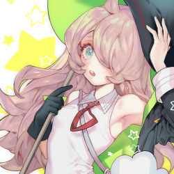 Rule 34 | 1girl, ahoge, armpits, bag, black gloves, black hat, blush, character request, commentary request, copyright request, eyelashes, gloves, hair over one eye, hand on headwear, hat, long hair, looking at viewer, neck ribbon, open mouth, red ribbon, ribbon, shoulder bag, single glove, sleeveless, solo, star (symbol), starry background, teeth, tongue, zuizi