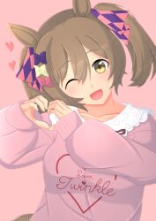 Rule 34 | 1girl, 2-butani, absurdres, animal ears, blush, bow, commentary request, gradient background, hair bow, heart, heart hands, highres, horse ears, horse girl, horse tail, long hair, long sleeves, looking at viewer, official alternate costume, one eye closed, open mouth, pink background, pink sweater, smart falcon (umamusume), smile, solo, sweater, tail, twintails, umamusume, very long hair, yellow eyes