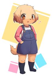 Rule 34 | 1girl, abstract background, absurdres, animal ears, black socks, blush, body fur, brown eyes, brown fur, commentary request, dog, dog ears, dog girl, dog tail, full body, furry, furry female, hands in pockets, highres, kneehighs, looking at viewer, mei (lulufla), original, simple background, socks, solo, standing, tail