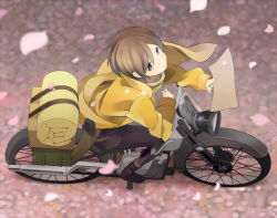 Rule 34 | 00s, 1girl, androgynous, cherry blossoms, coat, danchi (pomechize), formal, hermes (kino no tabi), kino (kino no tabi), kino no tabi, looking up, motor vehicle, motorcycle, paper, petals, purple eyes, reverse trap, short hair, suit, trench coat, vehicle