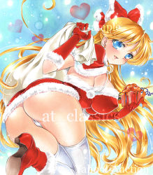 Rule 34 | 1girl, aino minako, artist name, ass, at classics, bag, bishoujo senshi sailor moon, blonde hair, blue eyes, bow, breasts, capelet, christmas, covered erect nipples, fur trim, gift, gloves, hair bow, heart, holding, holding bag, holding gift, large breasts, long hair, looking at viewer, open mouth, panties, red bow, red footwear, red gloves, sack, sailor venus, sample watermark, shoes, solo, thighhighs, traditional media, underwear, very long hair, watermark, white panties, white thighhighs