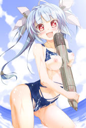 Rule 34 | 10s, 1girl, aqua hair, between breasts, blue hair, blue sky, breasts, cloud, collarbone, day, fang, hair ornament, hair ribbon, holding, i-19 (kancolle), kantai collection, large breasts, long hair, looking at viewer, nipples, one-piece swimsuit, open mouth, personification, pink eyes, porurin (do-desho), red eyes, ribbon, school swimsuit, sexually suggestive, sky, smile, solo, star-shaped pupils, star (symbol), suggestive fluid, swimsuit, symbol-shaped pupils, torn clothes, torn swimsuit, torpedo, twintails, water, wet