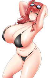 Rule 34 | 1girl, absurdres, ahoge, armpits, arms behind head, azur lane, bikini, black bikini, breasts, curvy, goggles, goggles on head, highres, huge breasts, looking at viewer, multiple straps, navel, o-ring, o-ring bikini, official alternate costume, plump, presenting armpit, red hair, shiromochi (123), side ponytail, smile, solo, swimsuit, yellow eyes, zara (azur lane), zara (poolside coincidence) (azur lane)