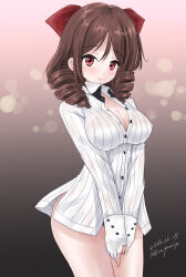 Rule 34 | 1girl, atlanta (kancolle), atlanta (kancolle) (cosplay), bow, breasts, brown hair, cleavage, collared shirt, cosplay, cowboy shot, dated, dress shirt, drill hair, gloves, gradient background, grey background, hair bow, harukaze (kancolle), kantai collection, kitagawa mikio, medium breasts, one-hour drawing challenge, pink background, red bow, red eyes, shirt, solo, steepled fingers, striped clothes, striped shirt, twin drills, twitter username, v arms, white gloves, white shirt