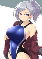 Rule 34 | 1girl, blue one-piece swimsuit, breasts, collarbone, commentary request, competition swimsuit, cowboy shot, grey eyes, highres, jacket, large breasts, long hair, looking at viewer, one-piece swimsuit, open clothes, open jacket, original, pataneet, ponytail, purple jacket, silver hair, solo, swimsuit