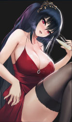 Rule 34 | 1girl, absurdres, alcohol, azur lane, bad id, bad pixiv id, bare shoulders, black background, black hair, black thighhighs, breasts, collarbone, crossed legs, cup, dress, drinking glass, hair between eyes, halterneck, heavy breathing, highres, large breasts, long hair, night, no bra, official alternate costume, oinari risuru, parted lips, pouring, pouring onto self, red dress, red eyes, simple background, smile, solo, taihou (azur lane), taihou (forbidden feast) (azur lane), thighhighs, wet, wet clothes, wine, wine glass